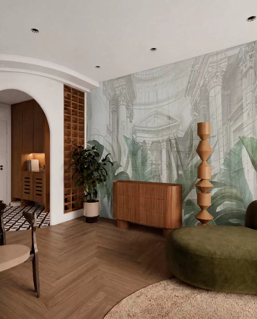 murales de pared Un gran dibujo arquitectónico adornado con columnas de mármol y exuberantes plantas verdes tropicales.  w01311
