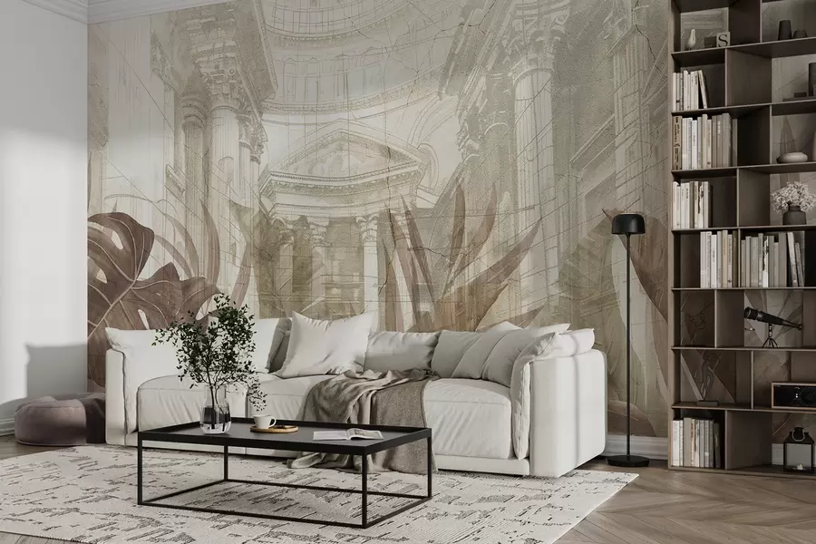 murales de pared Un gran dibujo arquitectónico adornado con columnas de mármol y exuberantes plantas tropicales de color sepia.  w01311v1