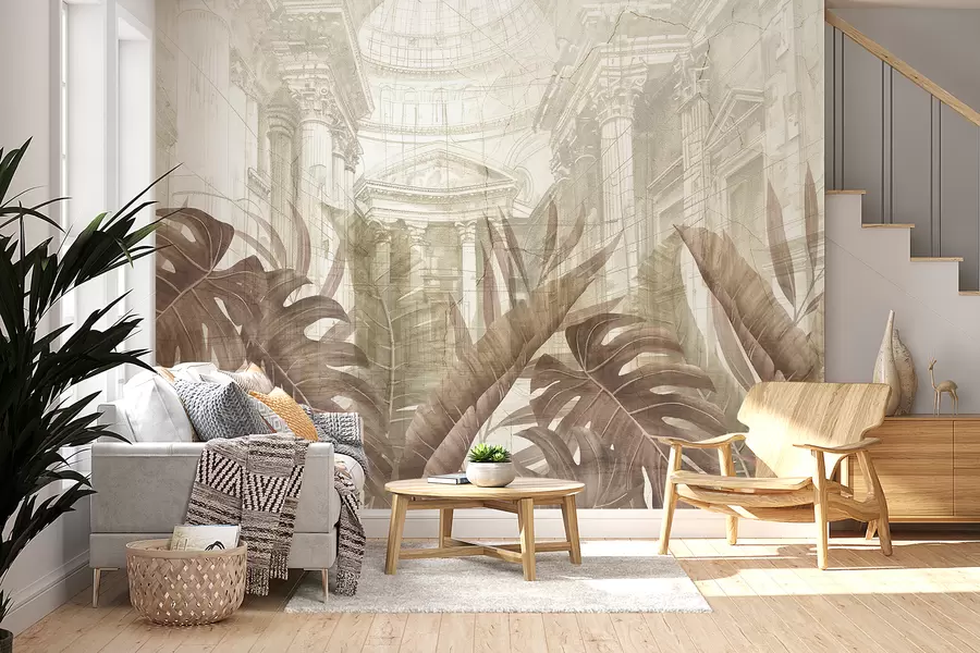 murales de pared Un gran dibujo arquitectónico adornado con columnas de mármol y exuberantes plantas tropicales de color sepia.  w01311v1