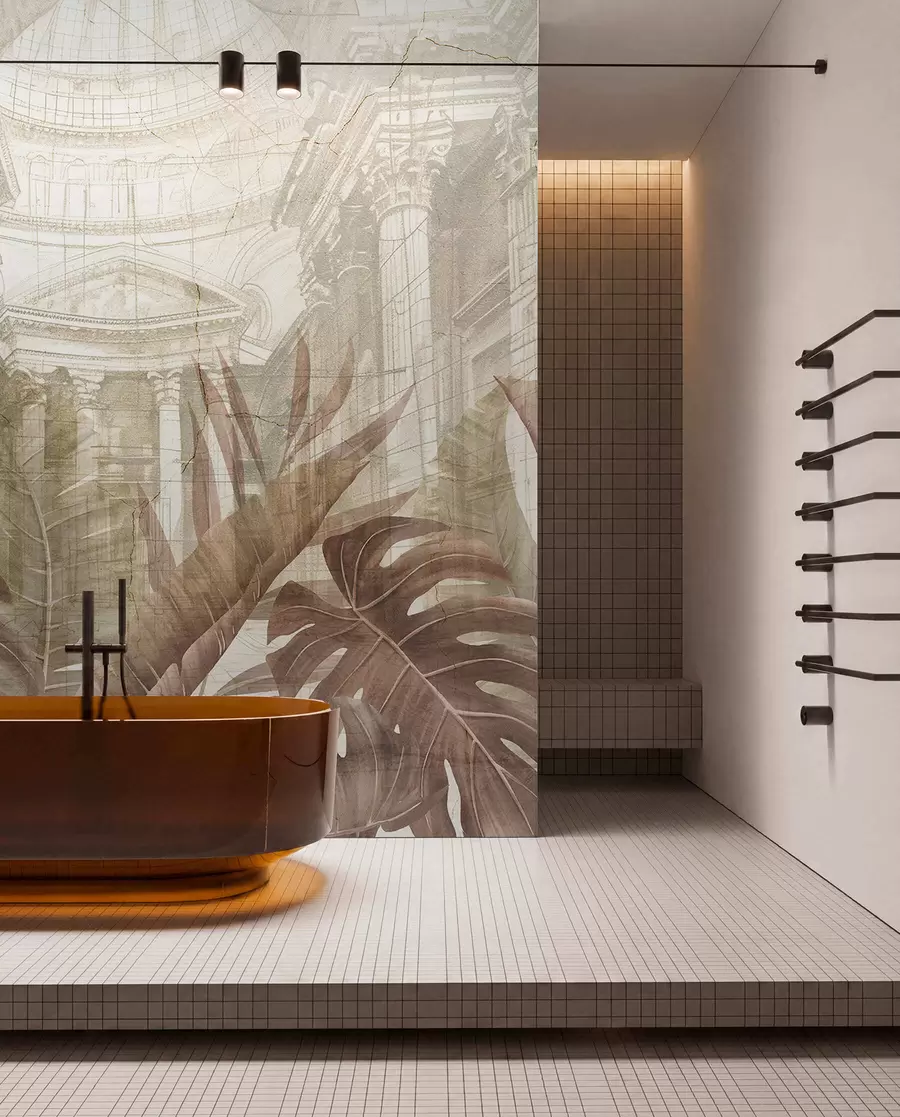 murales de pared Un gran dibujo arquitectónico adornado con columnas de mármol y exuberantes plantas tropicales de color sepia.  w01311v1