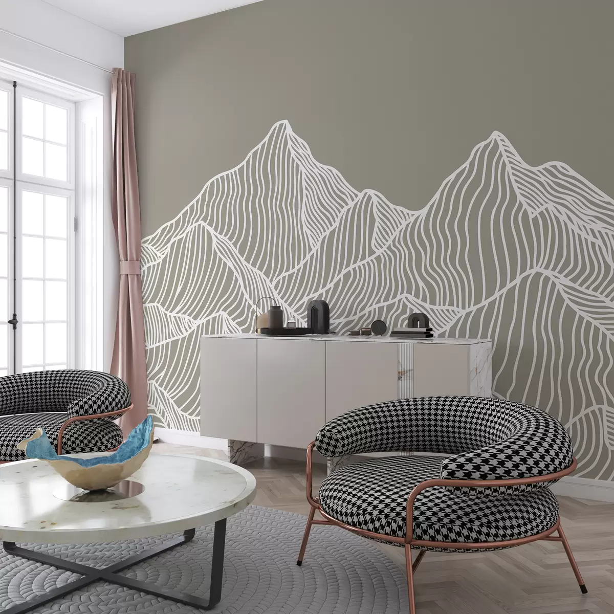 murales de pared Montañas lineales de color blanco sobre fondo beige w01214v2