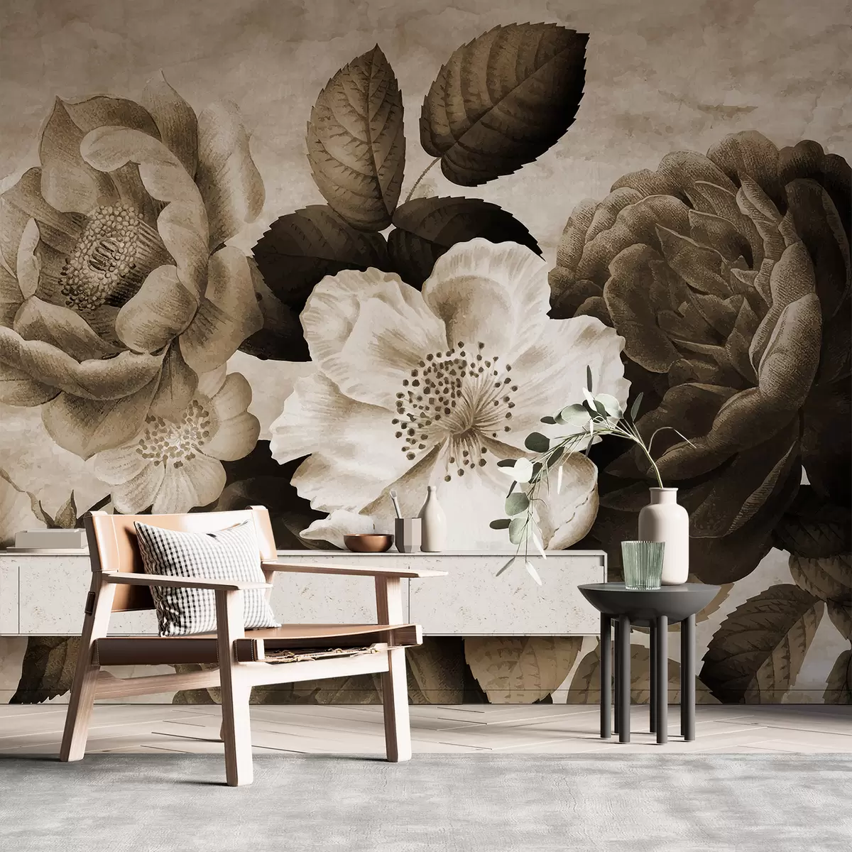 murales de pared Flores en tonos sepia w01294