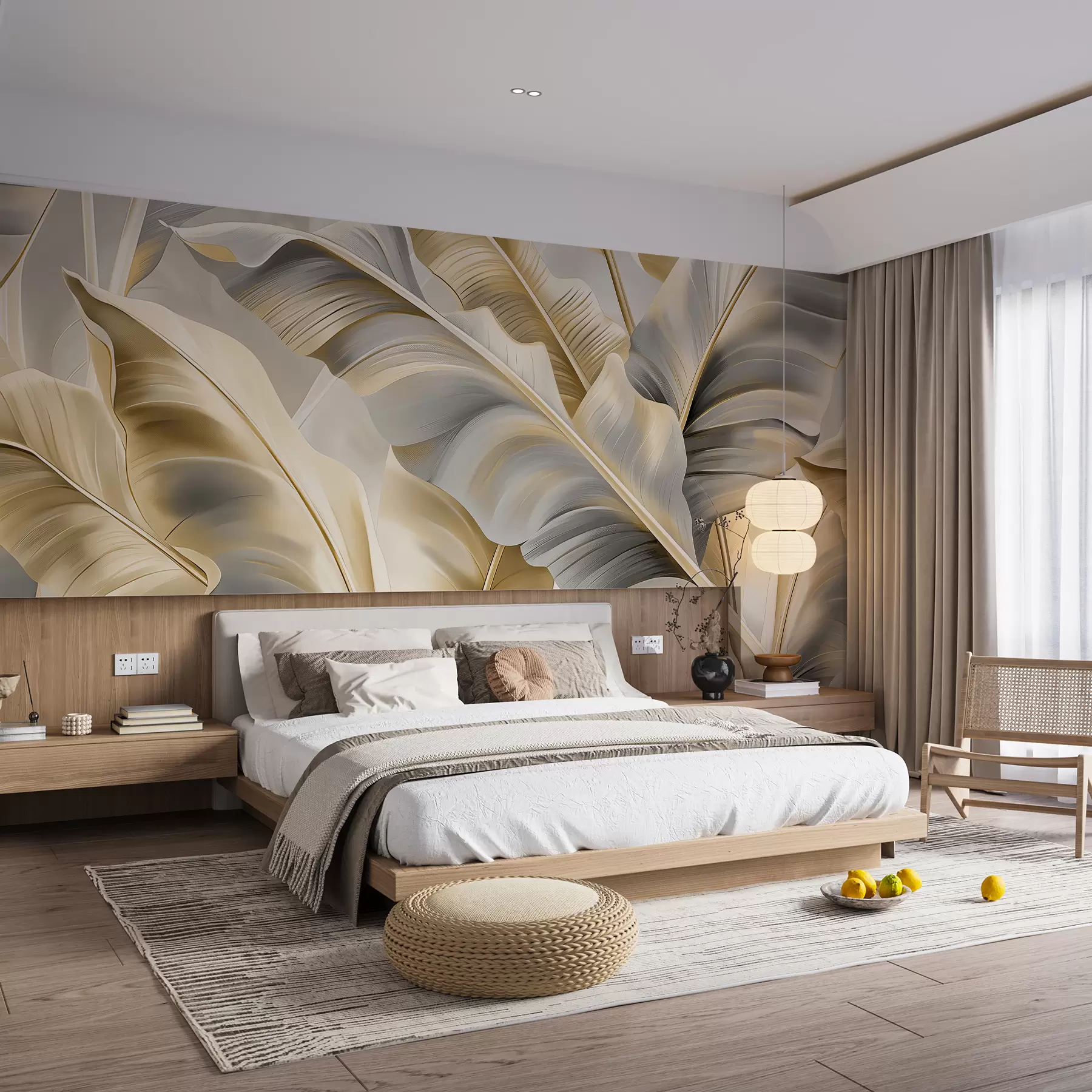 murales de pared lujosas hojas de plátano grandes en tonos gris-beige w07876