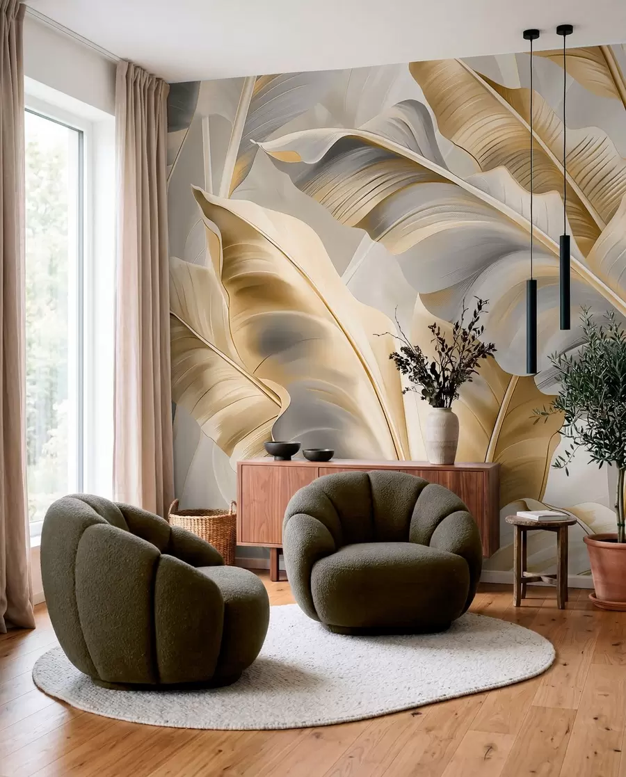 murales de pared lujosas hojas de plátano grandes en tonos gris-beige w07876