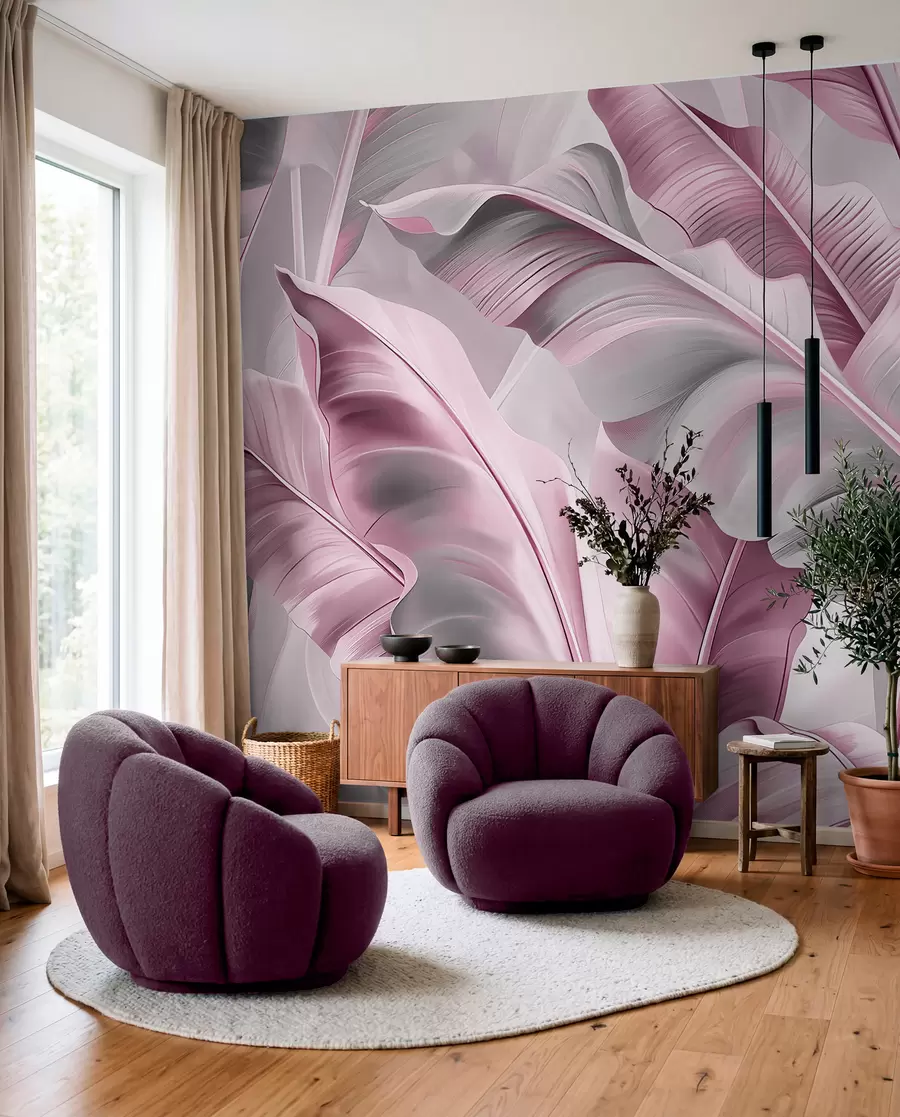 murales de pared lujosas hojas de plátano grandes en tonos grises rosados w07876v2