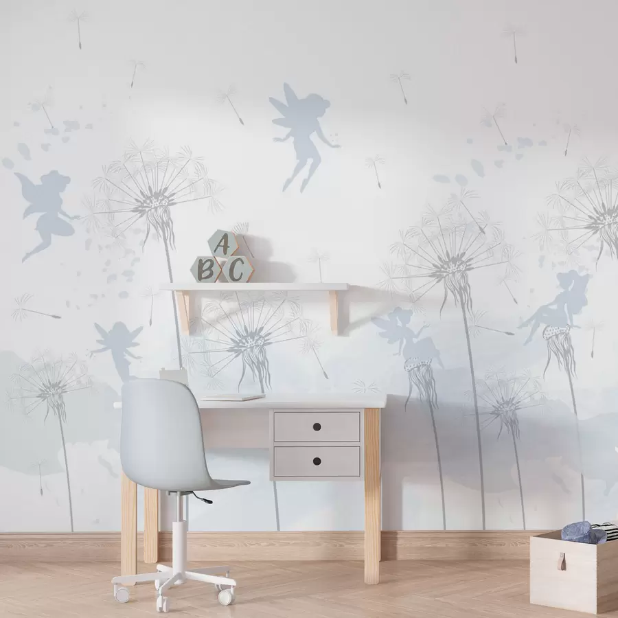 murales de pared Hadas mágicas con dientes de león y flores silvestres al estilo escandinavo para niñas color azul w07913v1