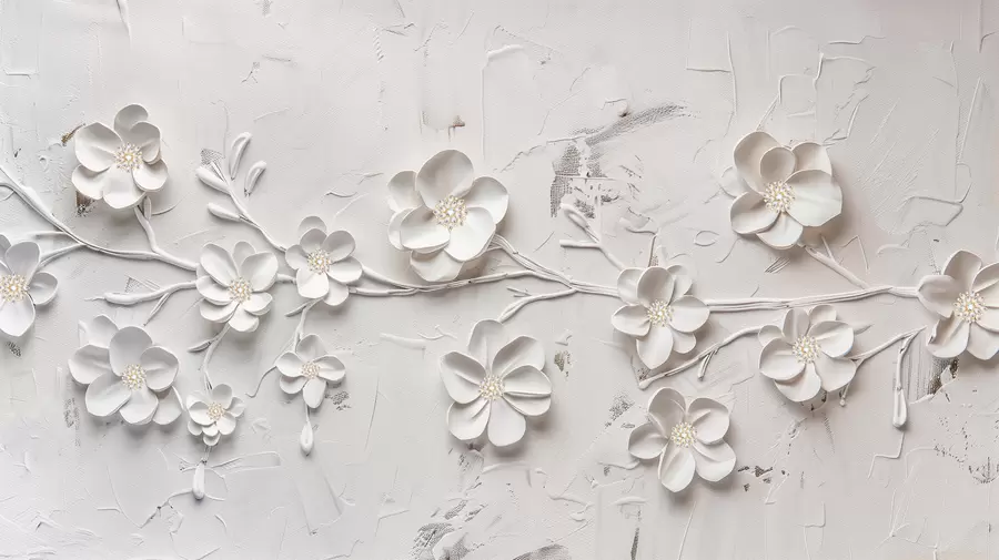 murales de pared Fondo blanco texturizado con flores blancas 3D en plena floración, conectadas por ramas, minimalistas y elegantes w01226
