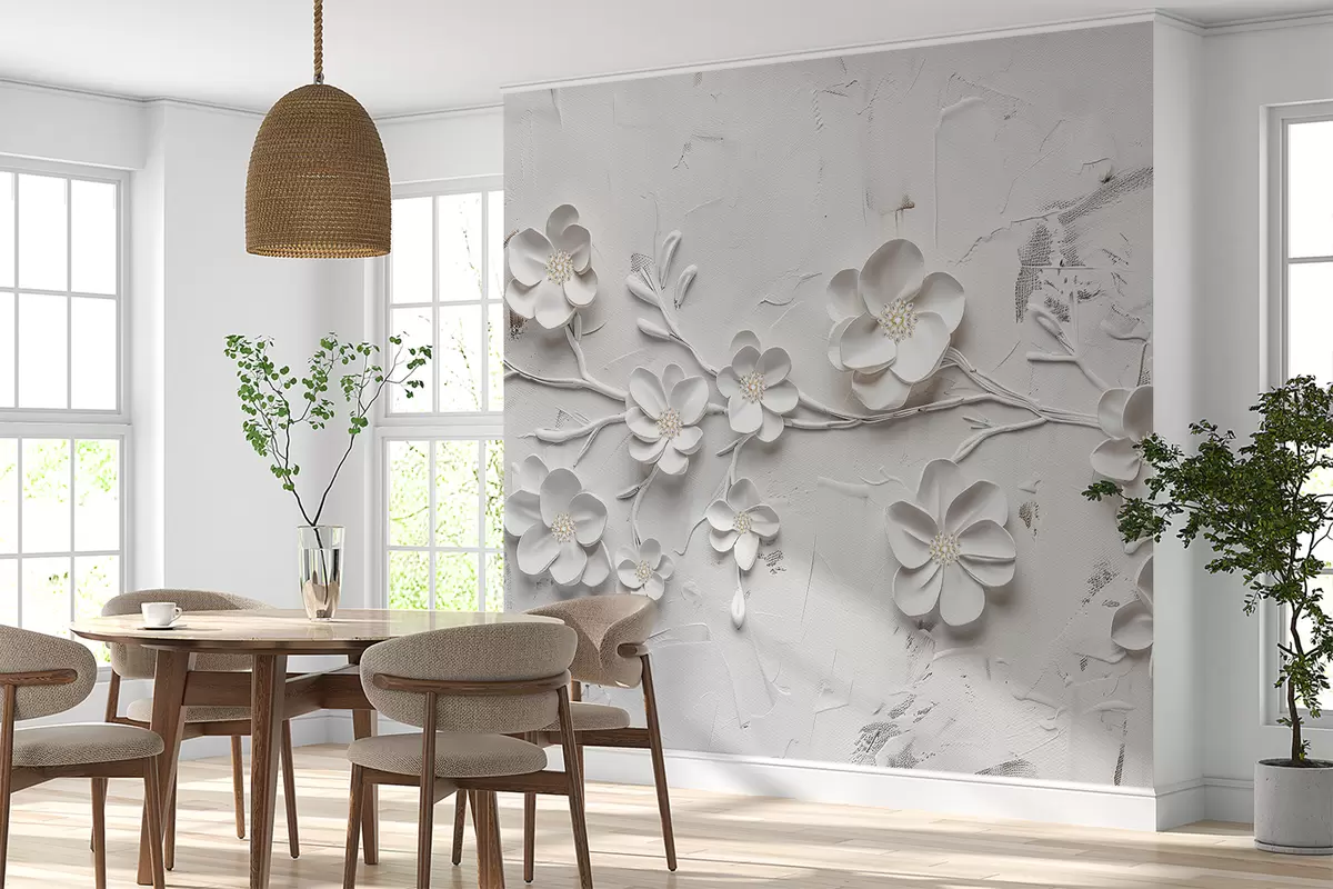 murales de pared Fondo blanco texturizado con flores blancas 3D en plena floración, conectadas por ramas, minimalistas y elegantes w01226