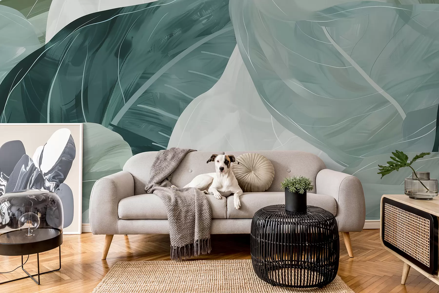 murales de pared Un primer plano de hojas verdes en un estilo dibujado. w01276