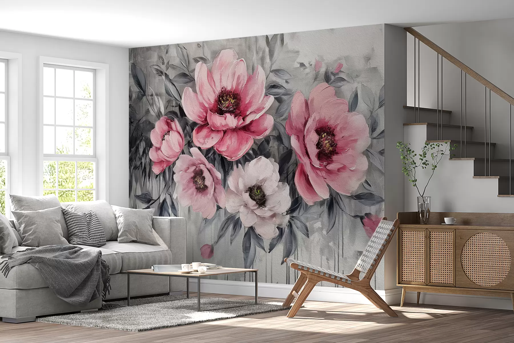 murales de pared peonías florales abstractas acuarela rosa suave y gris w07948