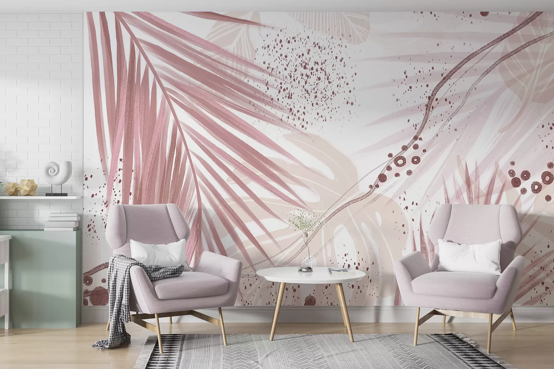 murales de pared Hojas y frondas de palmeras de color rosa tropical, con formas abstractas y salpicaduras en tonos de rosa y blanco w07918v1