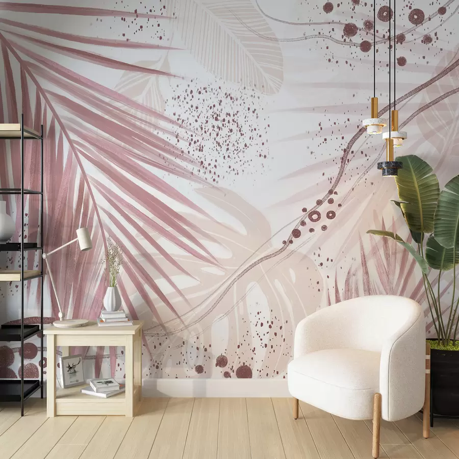 murales de pared Hojas y frondas de palmeras de color rosa tropical, con formas abstractas y salpicaduras en tonos de rosa y blanco w07918v1