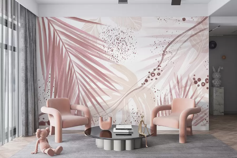murales de pared Hojas y frondas de palmeras de color rosa tropical, con formas abstractas y salpicaduras en tonos de rosa y blanco w07918v1