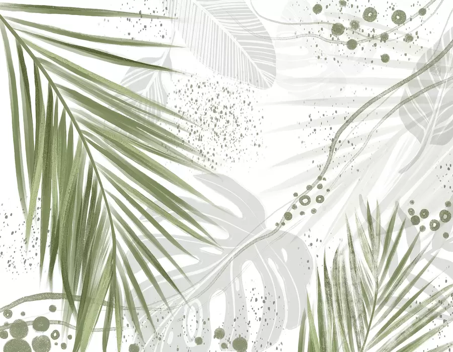 murales de pared Hojas y frondas de palmeras verdes tropicales, con formas abstractas y salpicaduras en tonos verdes y blancos w07918