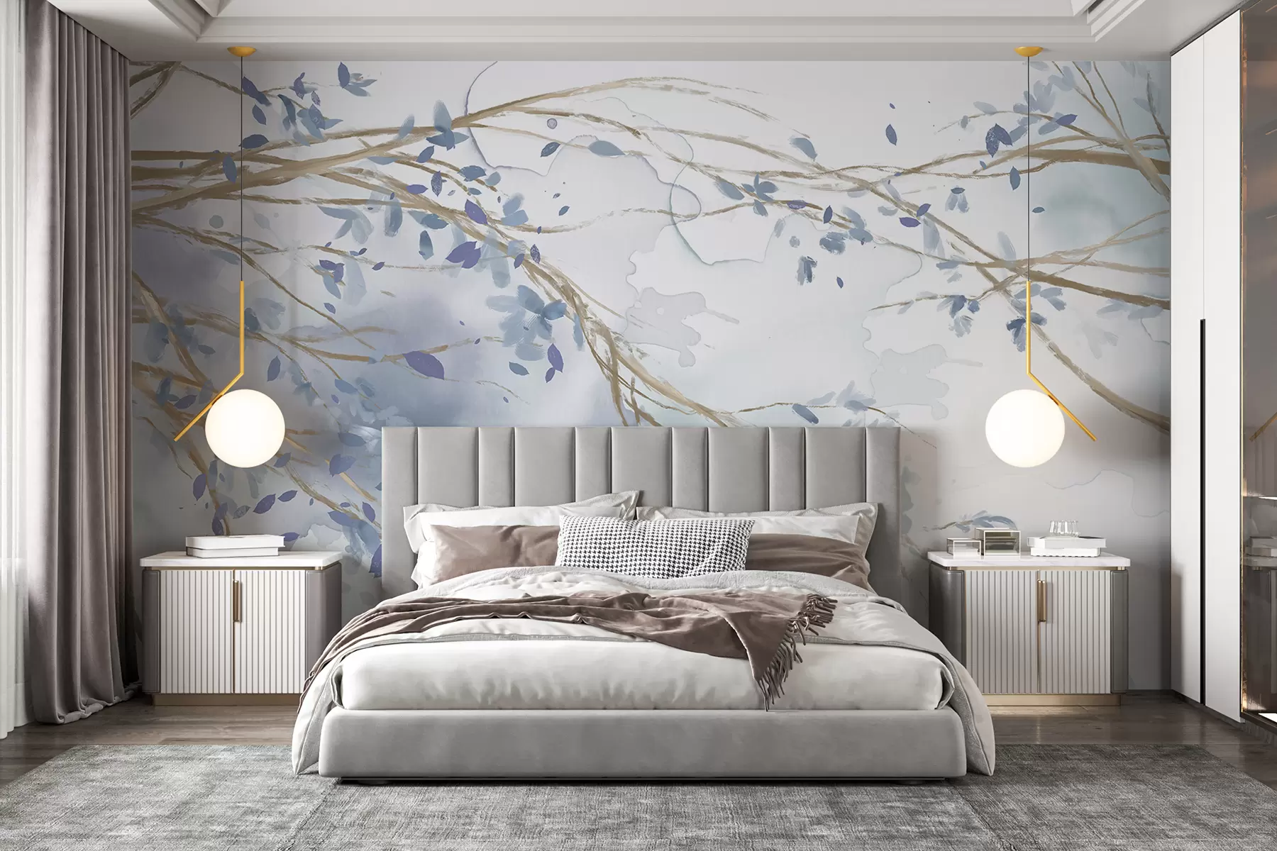 murales de pared Delicadas ramas florales azules y blancas con fondo de acuarela suave y borroso w07919