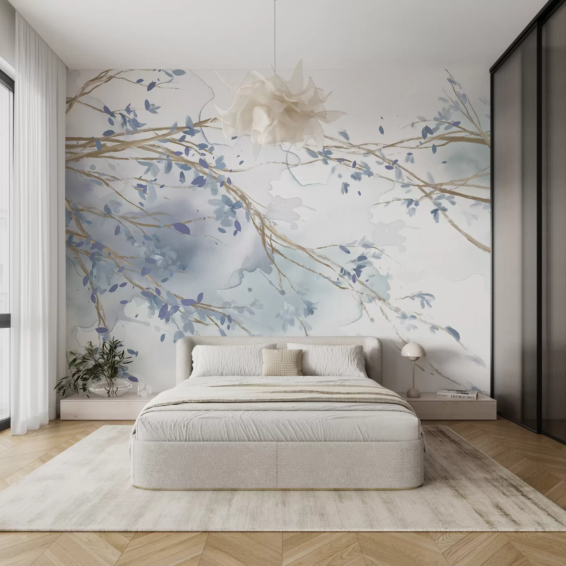 murales de pared Delicadas ramas florales azules y blancas con fondo de acuarela suave y borroso w07919