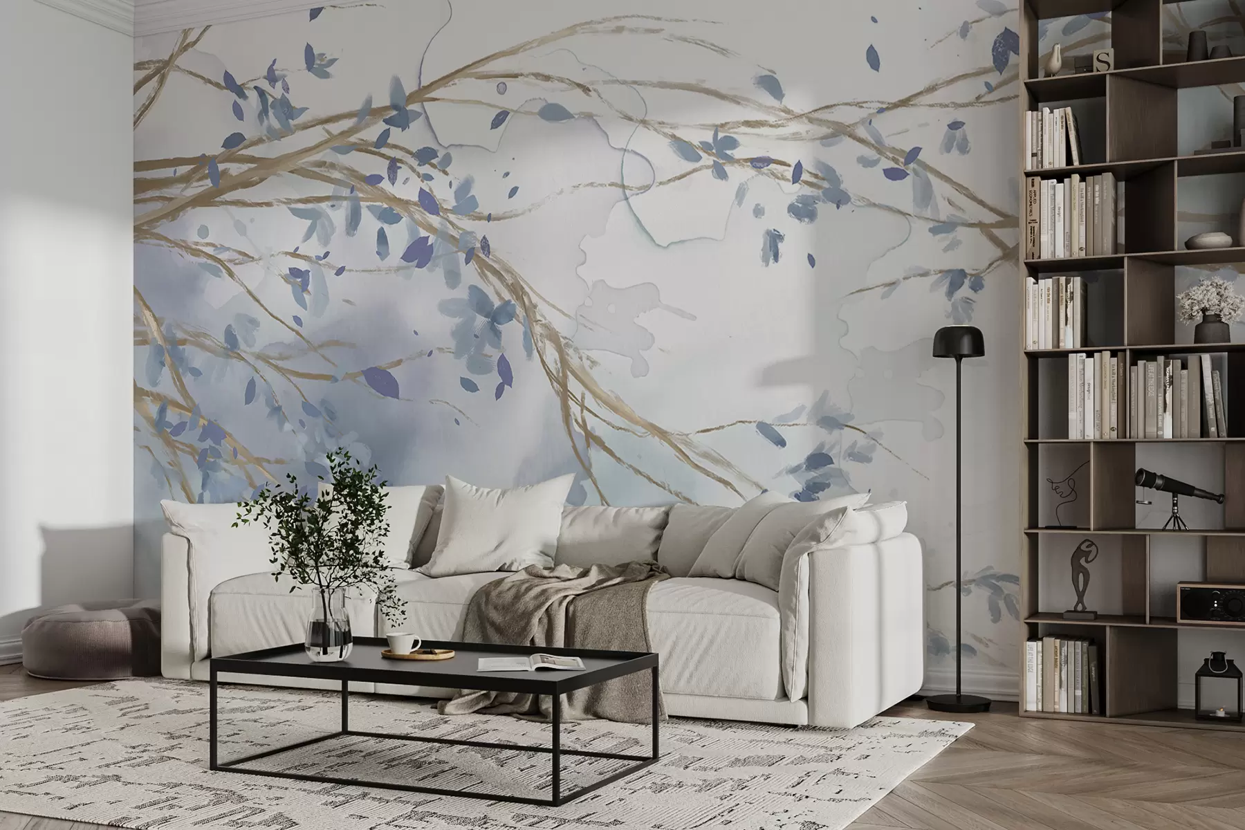 murales de pared Delicadas ramas florales azules y blancas con fondo de acuarela suave y borroso w07919