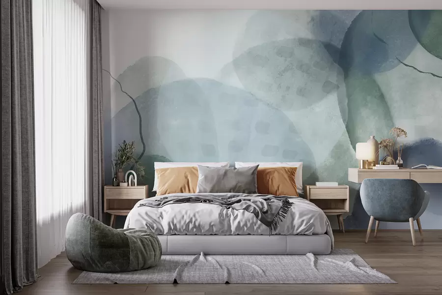 murales de pared Formas abstractas suaves de acuarela en tonos de azul, verde y blanco w07926