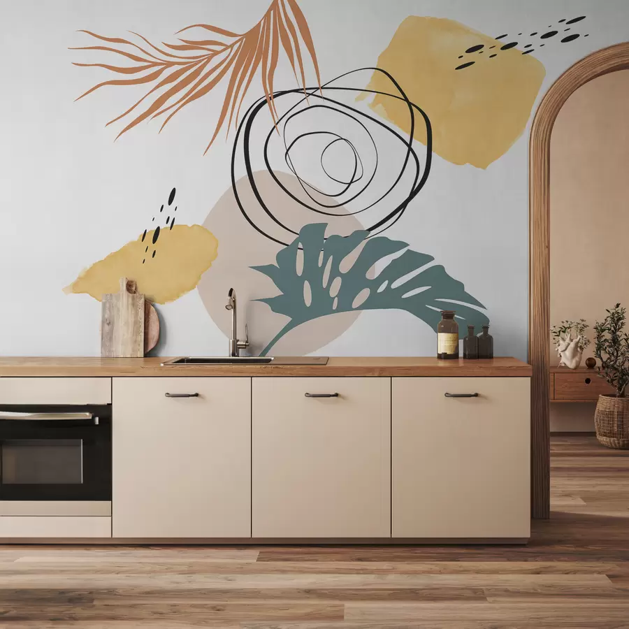 murales de pared Abstracción boho, monstera tropical y hoja de palma, geométrica, mancha de acuarela, líneas, color azul, rojo, amarillo w07959