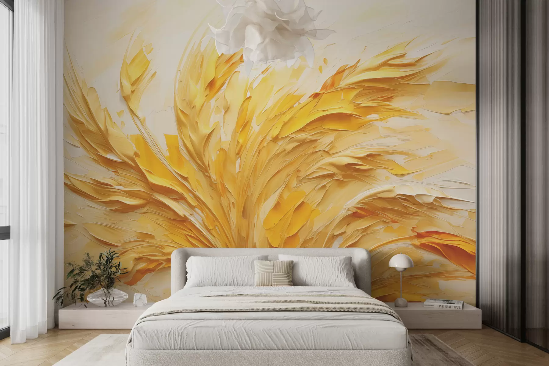 murales de pared Cuadro abstracto de trigo con grandes trazos, color amarillo. w07963