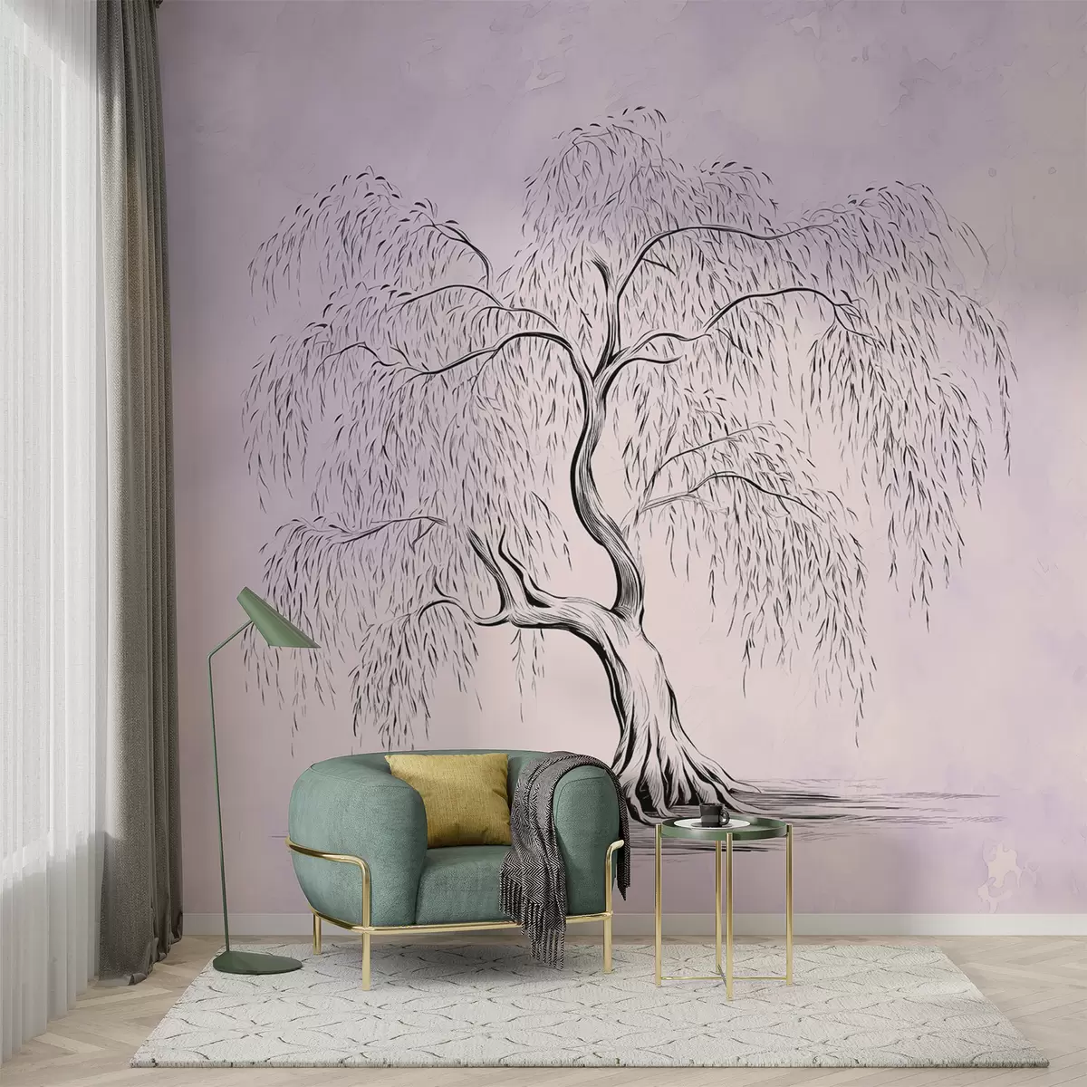 murales de pared Sauce sobre fondo de acuarela gris púrpura w07969v2