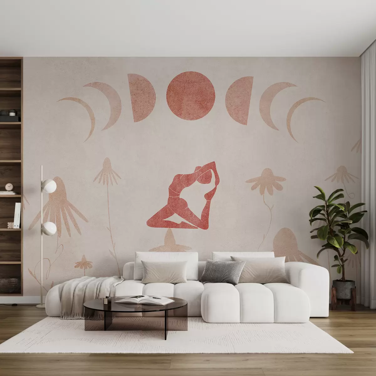 murales de pared Yoga, una niña sentada en una asana bajo las fases de la luna entre margaritas, textura, siluetas, color rojo w07971v2