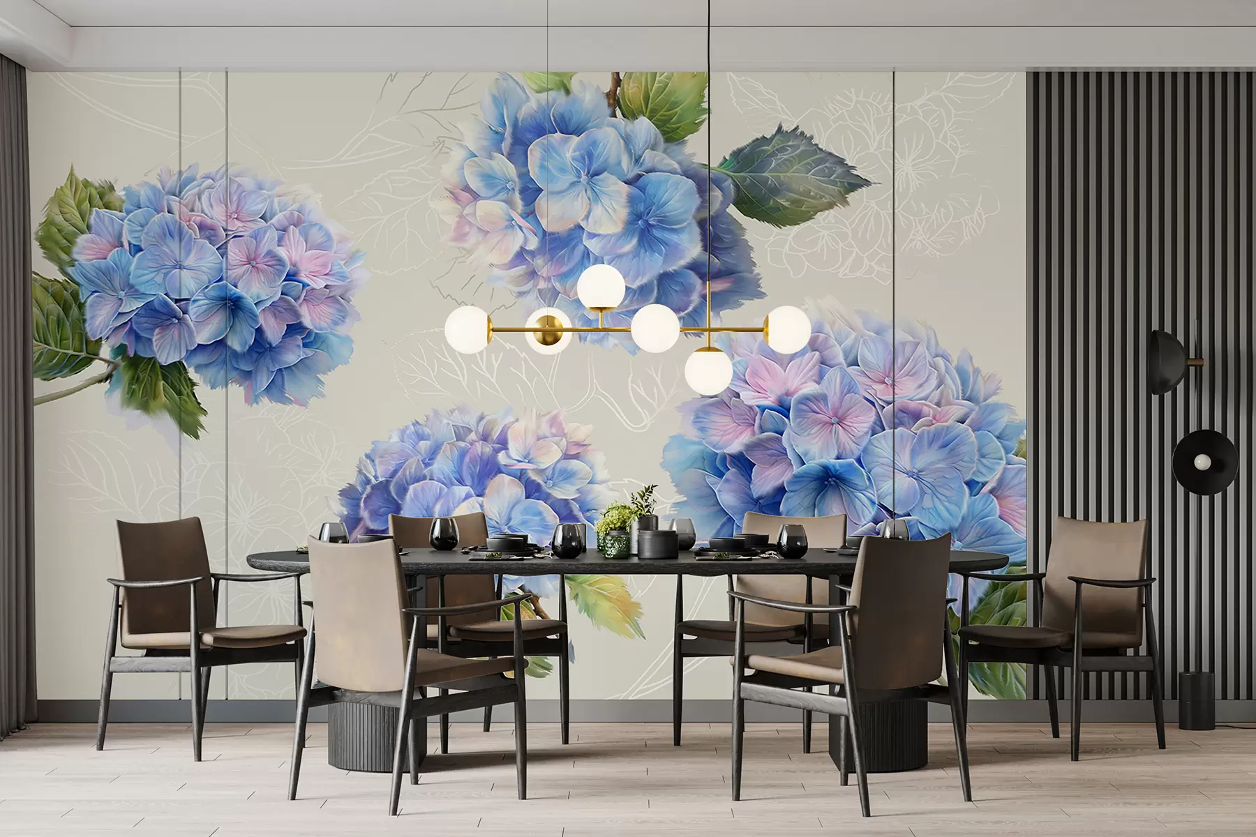 murales de pared Hortensias, dibujo acrílico, arte lineal, colores botánicos, morados y verdes. w07942v3