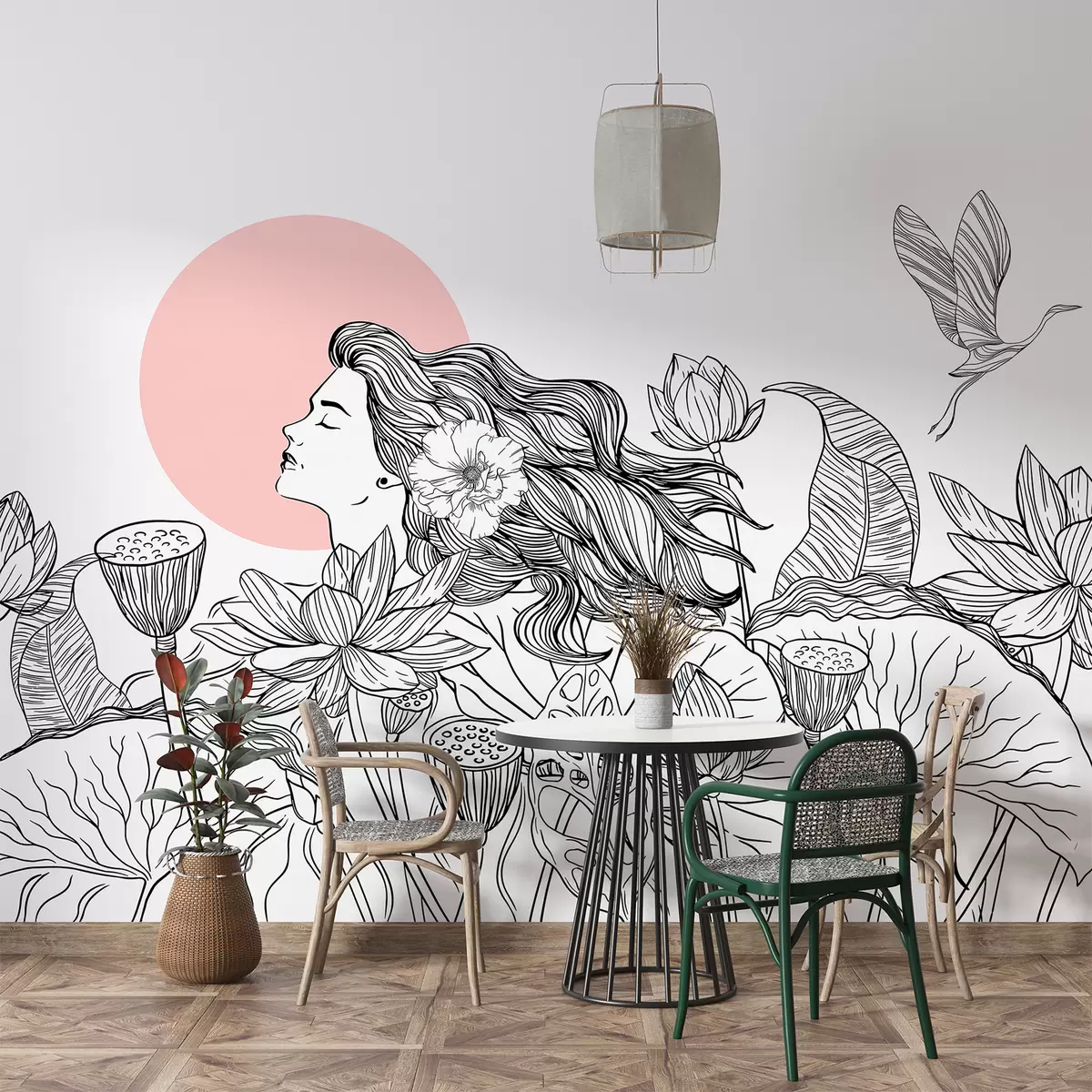 murales de pared Mujer en la naturaleza, dibujo lineal, flores de loto, hojas grandes, pájaros voladores, color negro y rosa w07988v5