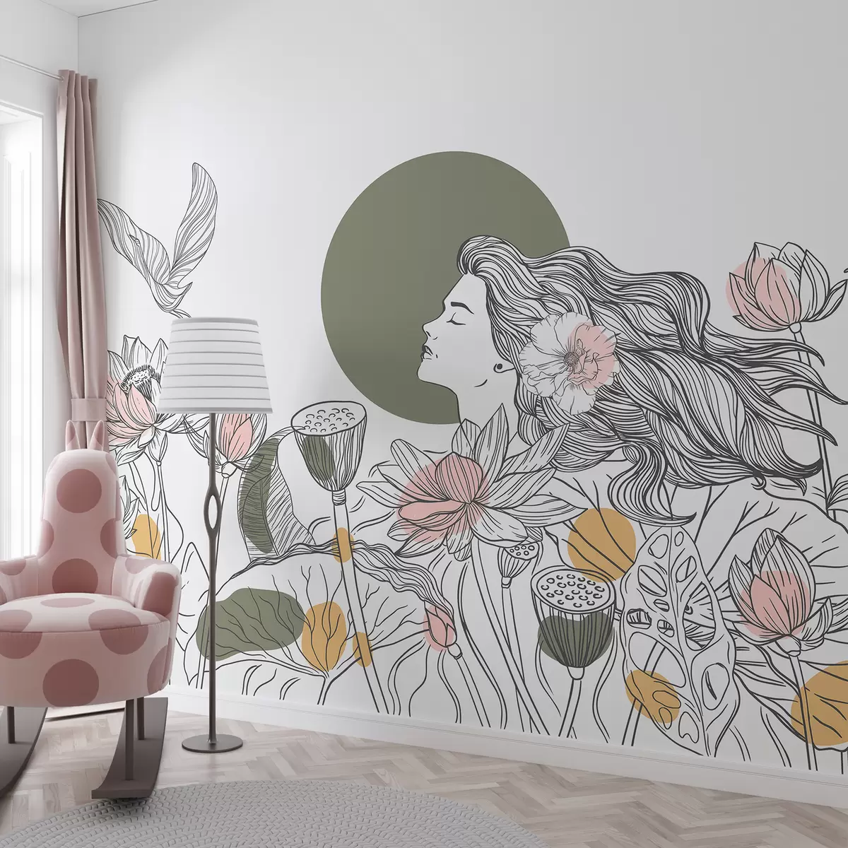 murales de pared Mujer en la naturaleza, dibujo lineal, flores de loto, hojas grandes, pájaros voladores, colores pastel w07988v6