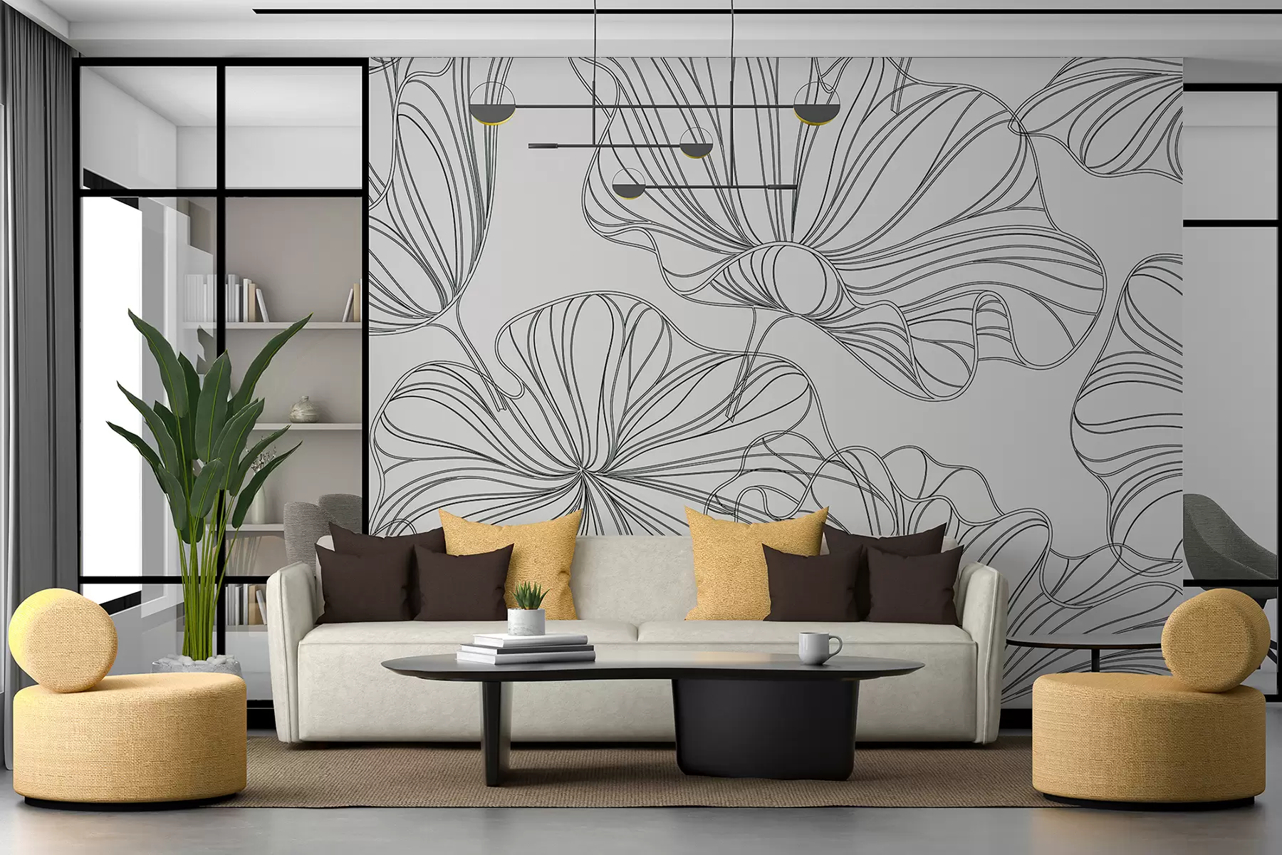 murales de pared Grandes flores lineales, fondo beige pálido w07997v1