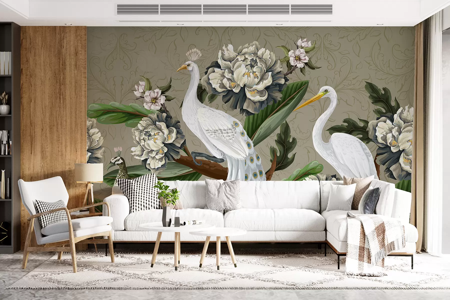 murales de pared Un par de pavos reales blancos con colas largas rodeados de grandes flores de peonía blanca y exuberante follaje verde.  w07975
