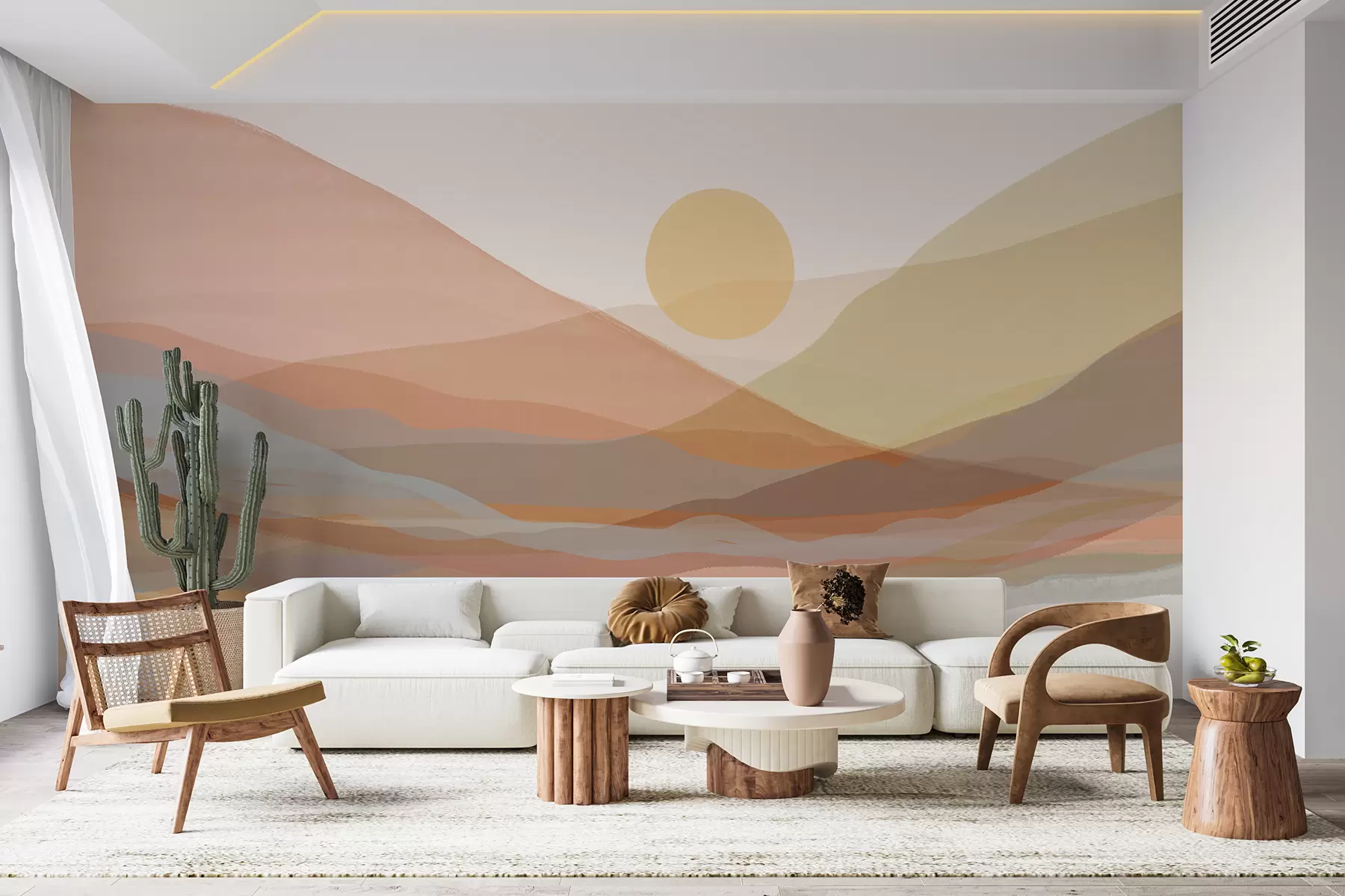 murales de pared Paisaje montañoso con un cálido sol en el cielo, colinas en tonos naranja, amarillo y marrón w07976