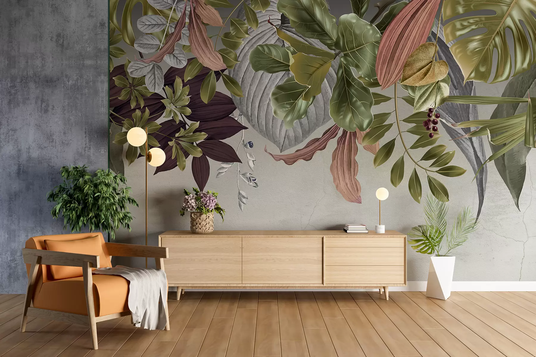 murales de pared Un exuberante follaje tropical con grandes hojas verdes, flores rojas y rosas sobre un fondo claro w07978
