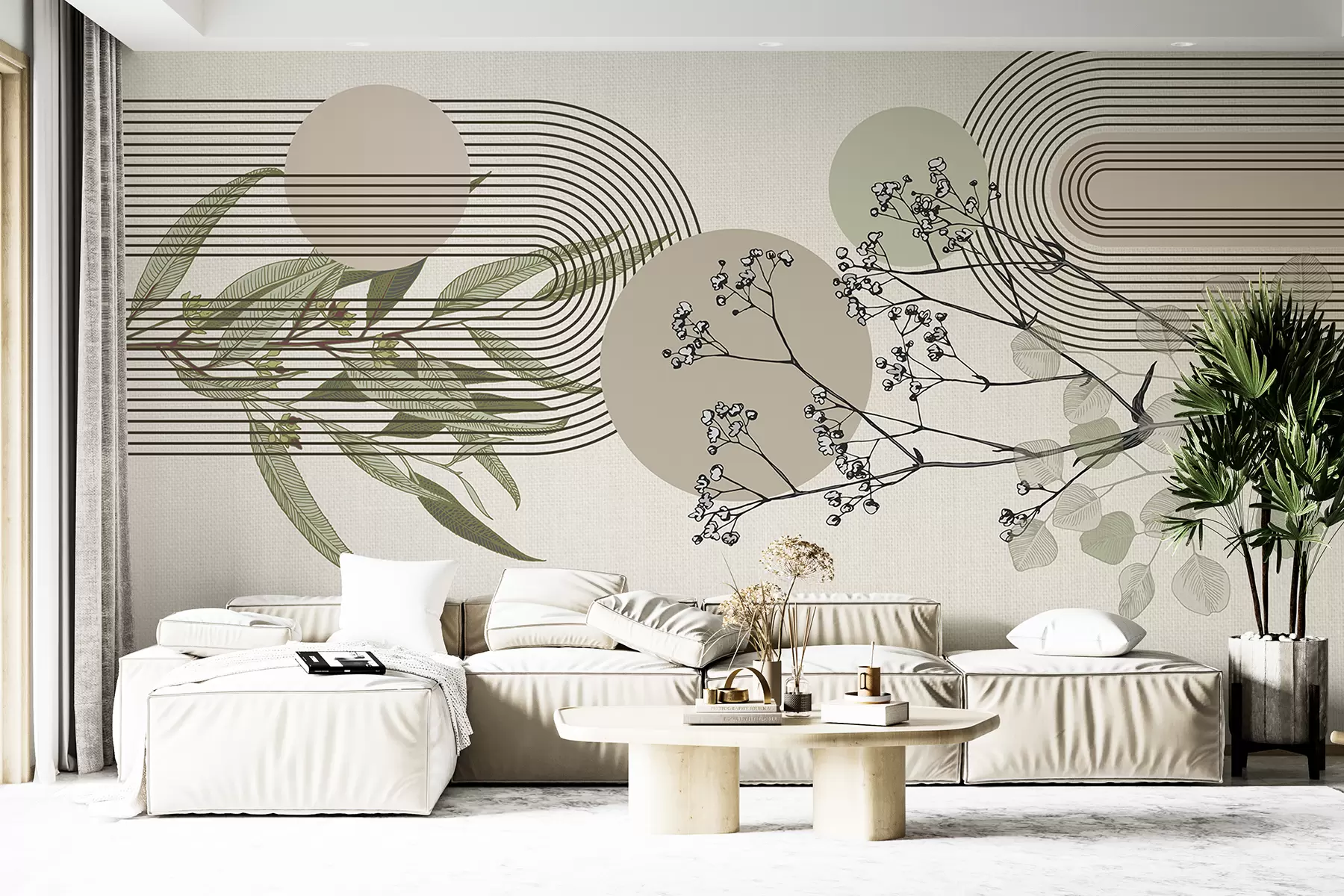 murales de pared Una abstracción minimalista con formas orgánicas, ramas de árboles estilizadas o plantas con delicados detalles florales w07979