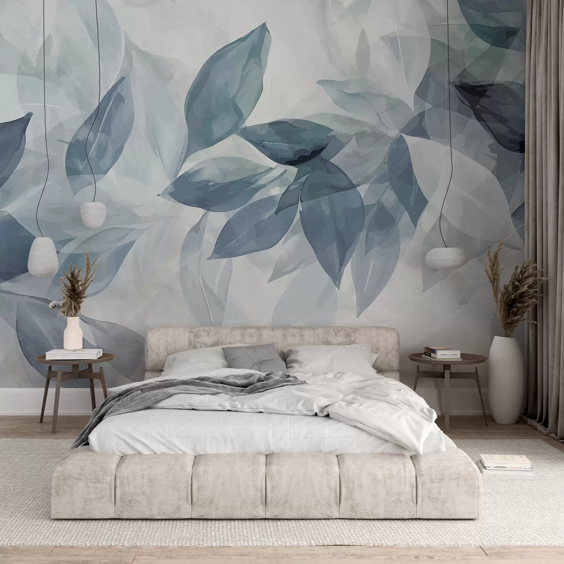 murales de pared Hojas de acuarela suaves en gris y blanco con un fondo etéreo y borroso w07981