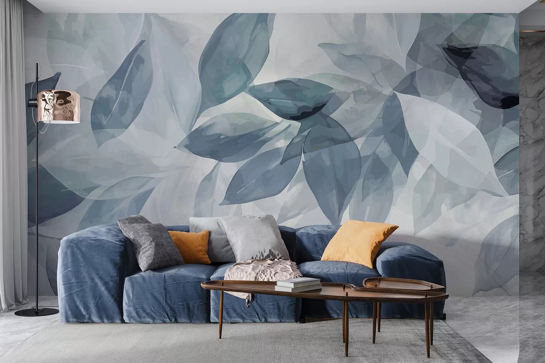 murales de pared Hojas de acuarela suaves en gris y blanco con un fondo etéreo y borroso w07981