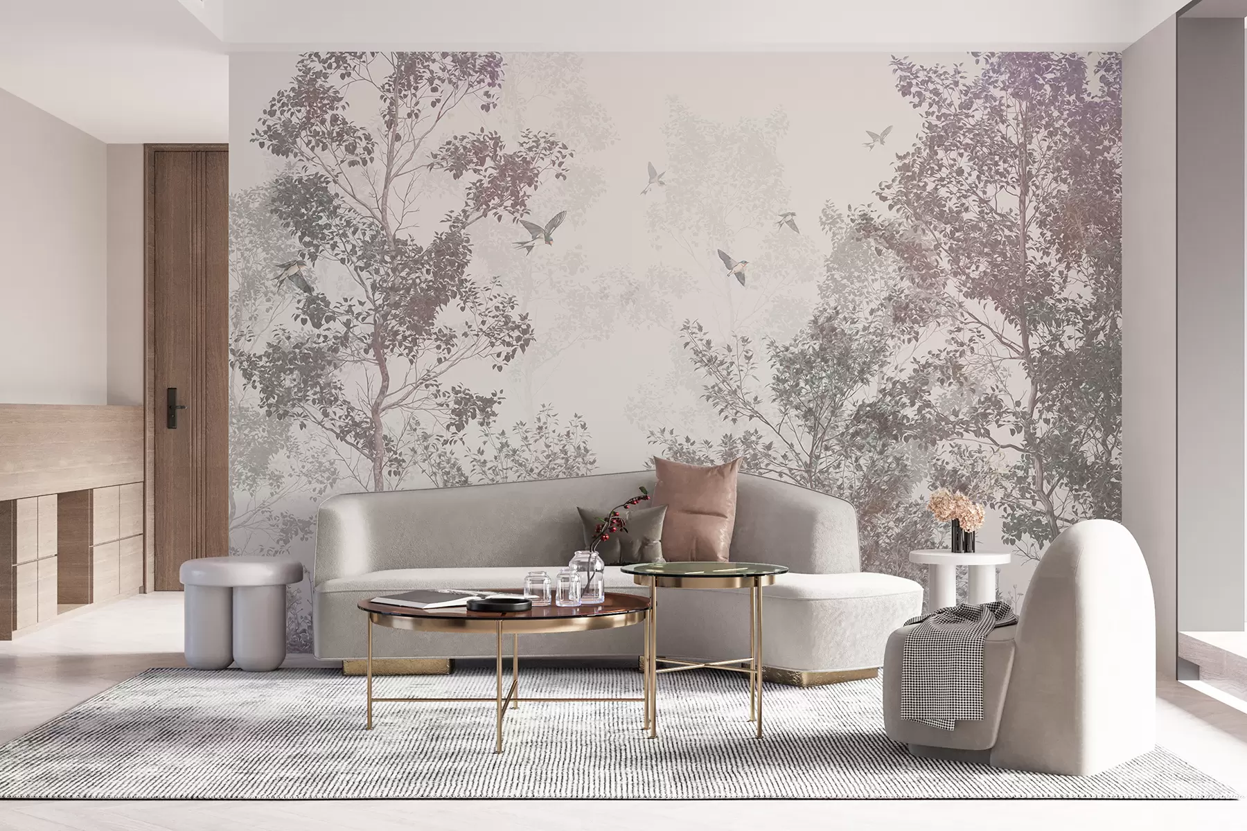 murales de pared Árboles beige con estampado suave y desnudo con ramas contra un cielo brumoso y nublado con pájaros voladores w07982