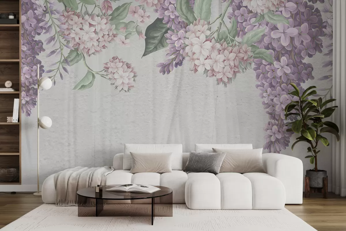 murales de pared Un estampado floral con flores blancas y violetas, lilas con hojas verdes sobre un fondo textil de textura clara w07984