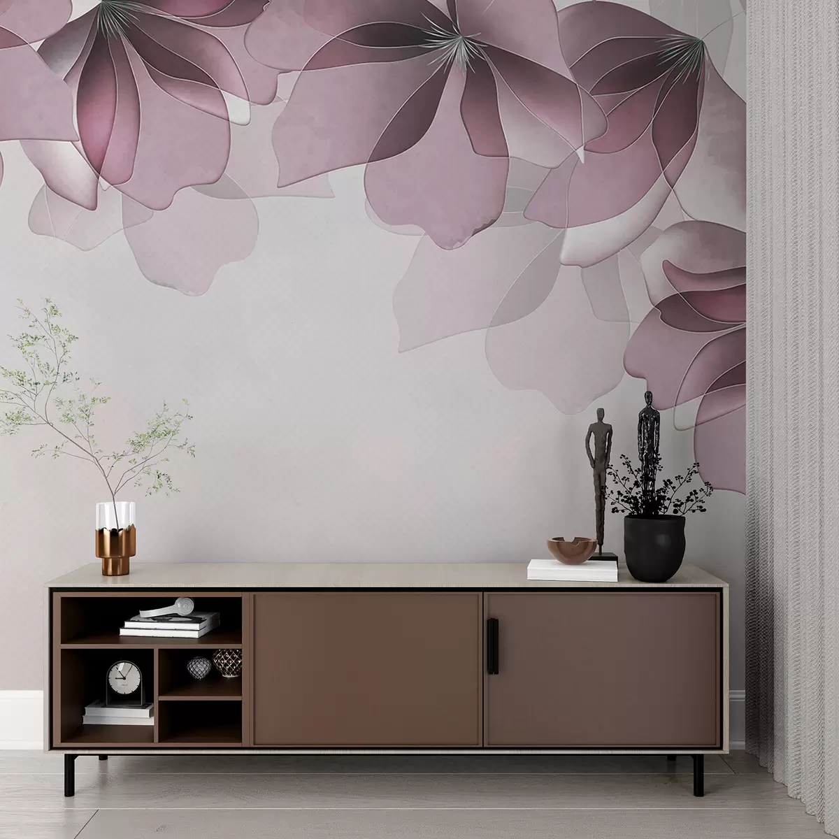 murales de pared grandes flores de color rosa translúcido w08041