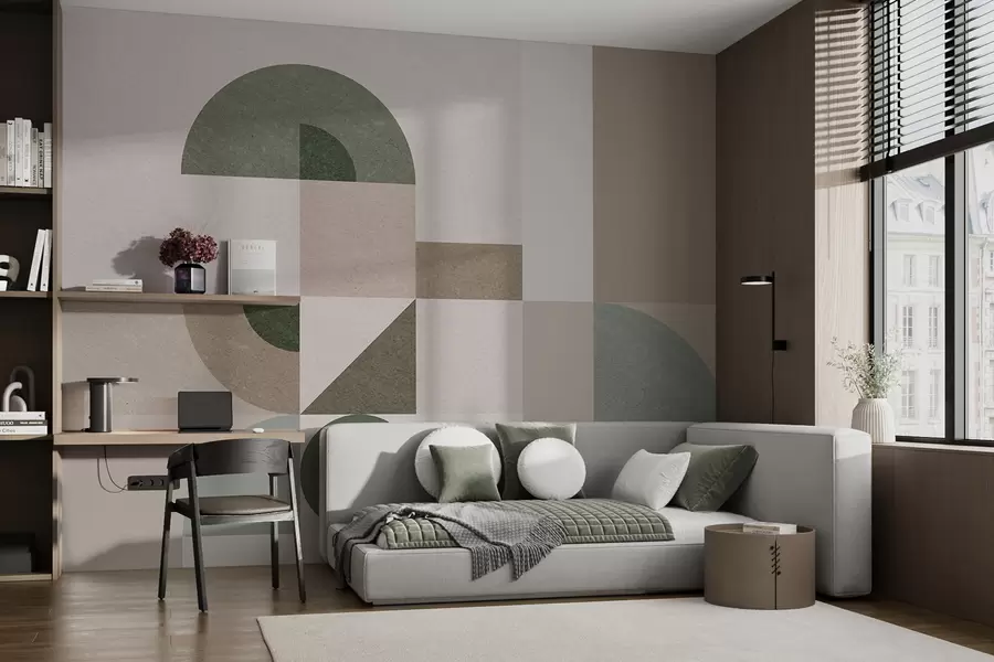 murales de pared Geometría texturizada abstracta en estilo Art Déco en tonos beige, marrón y verde w08049