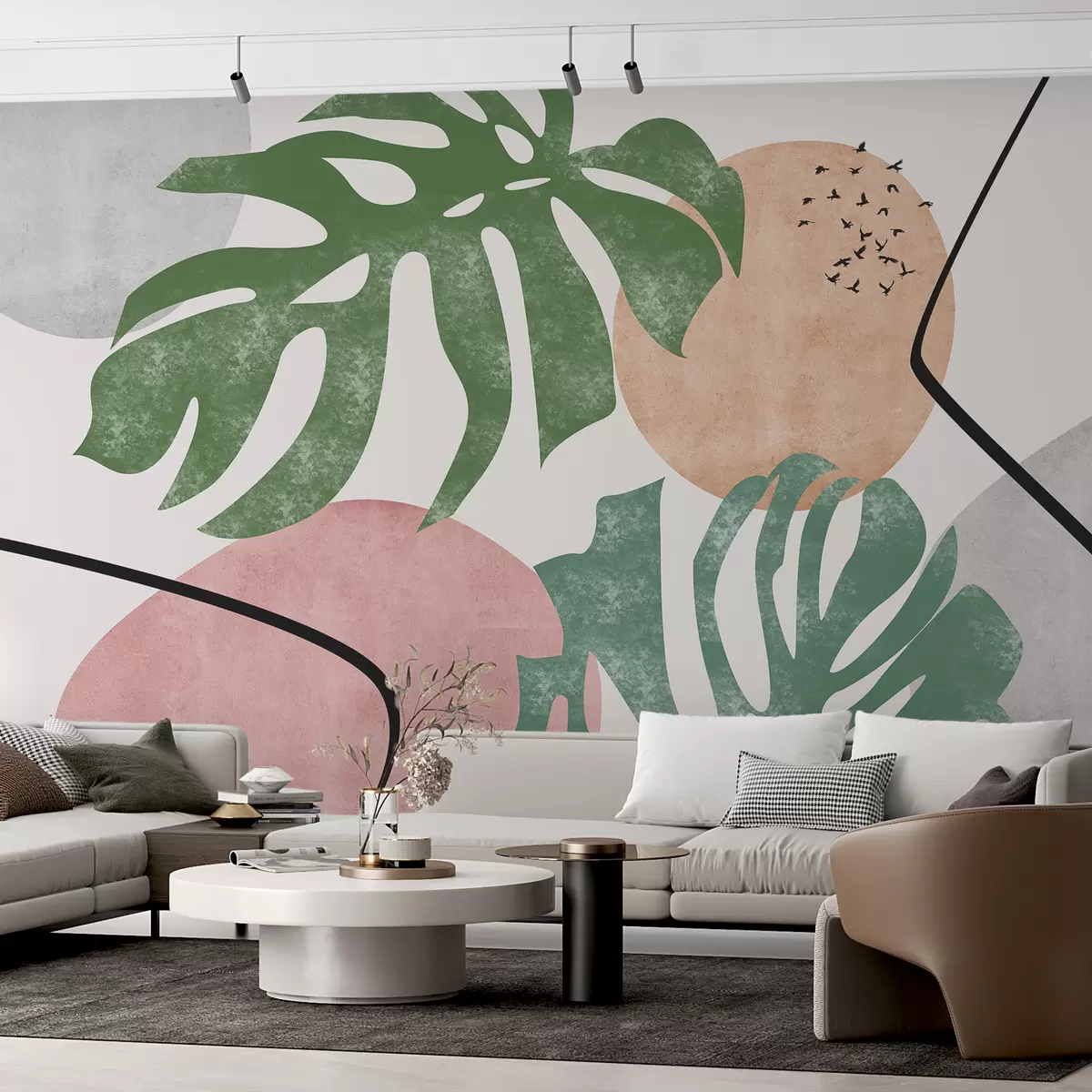 murales de pared Hojas texturizadas de monstera tropical, manchas geométricas, color rosa, verde w08098