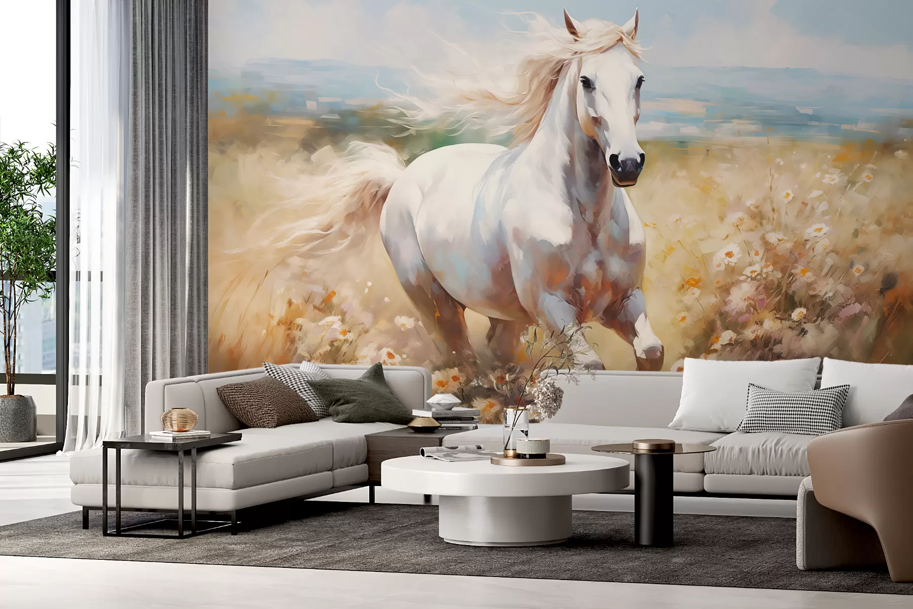 murales de pared Caballo blanco galopando por el cuadro al óleo del prado w08118