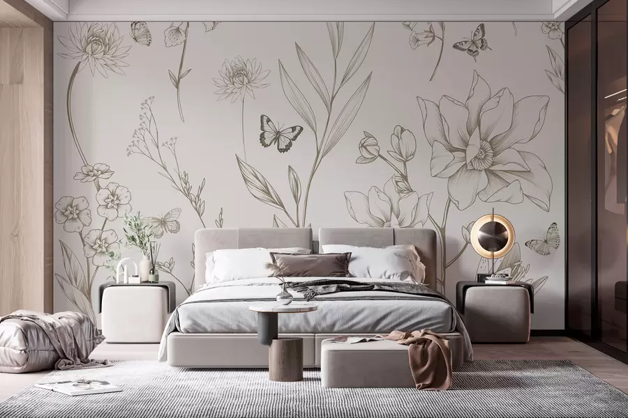 murales de pared Boho Monocromo Flores y Mariposas en color beige w08088v1