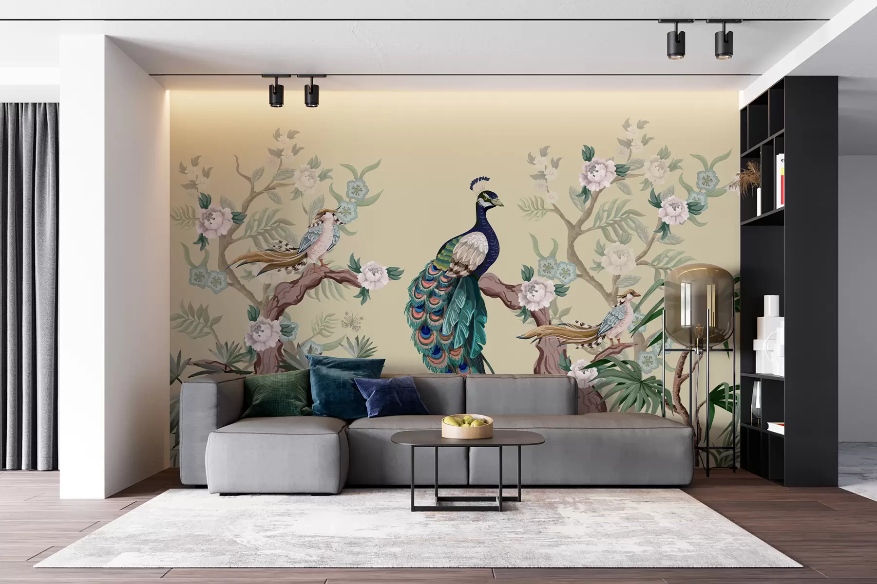 Murales de pared pavo real sobre un árbol, fondo beige w08168 murales de pared pavo real sobre un árbol, fondo beige w08168