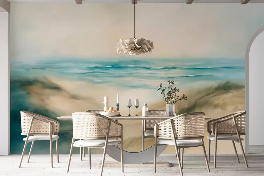 murales de pared Paisaje abstracto en colores pastel, playa, mar, paleta de colores aguamarina y beige, pinceladas w08141v1