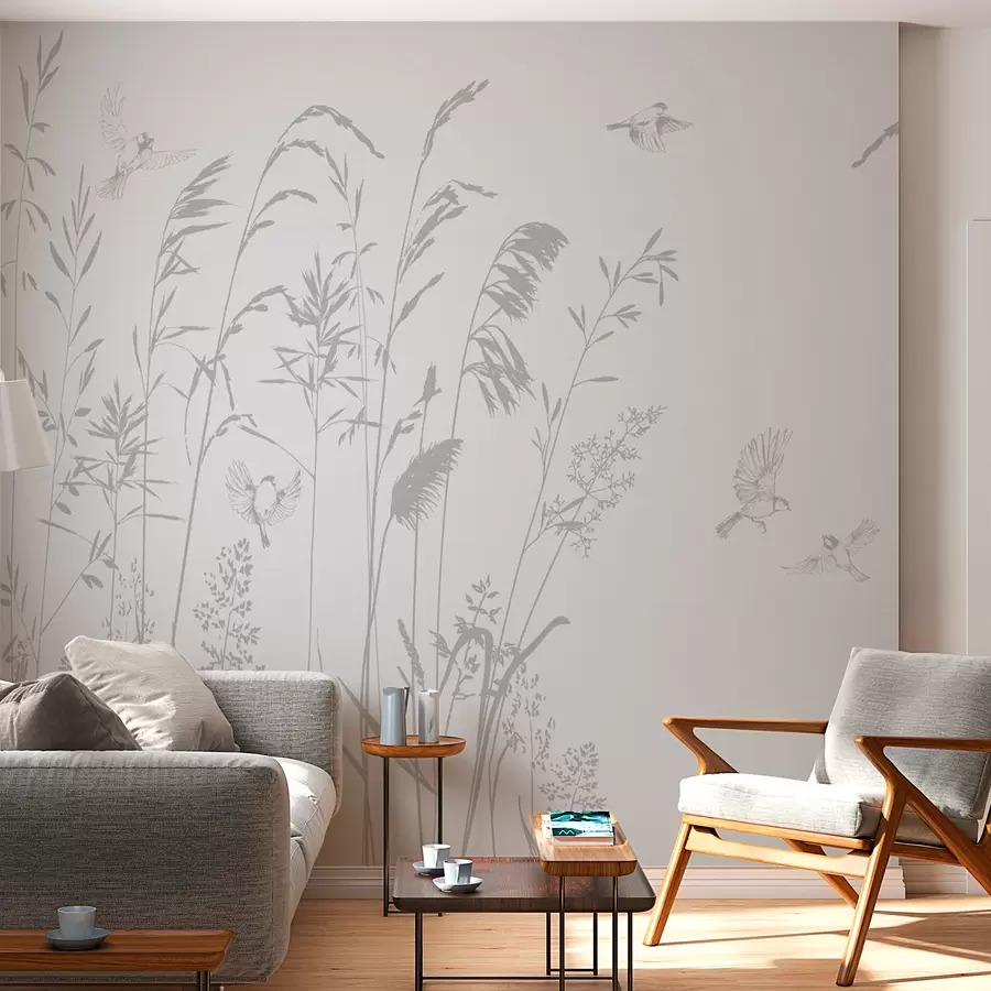 murales de pared Plantas y pájaros pequeños naturaleza minimalismo color gris. w08172v1