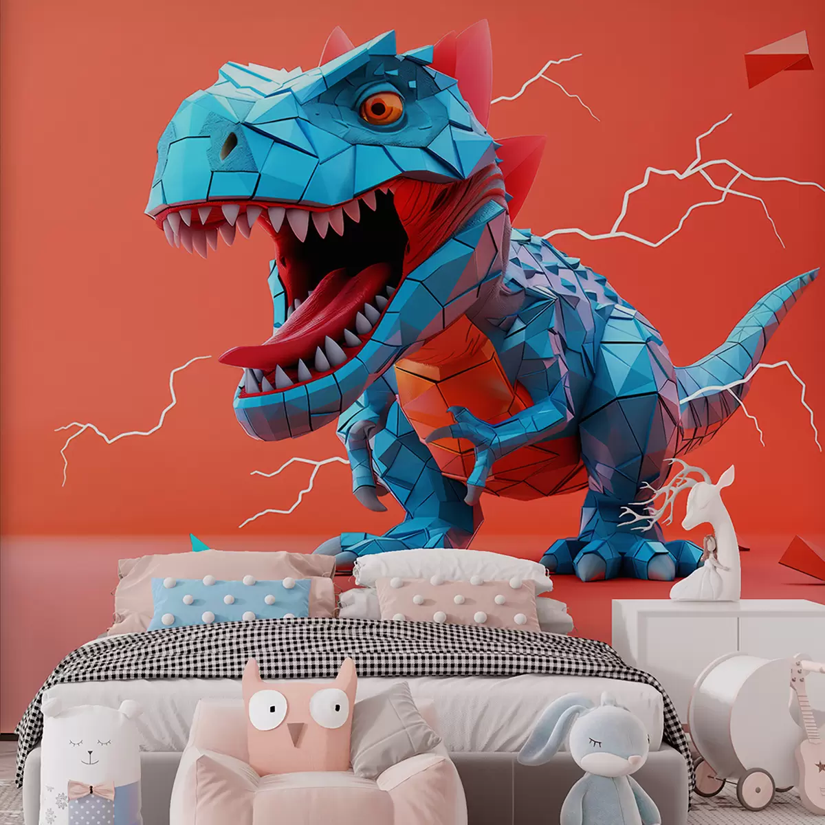 murales de pared Dinosaurio feroz con un rayo en colores rojo y azul w01333