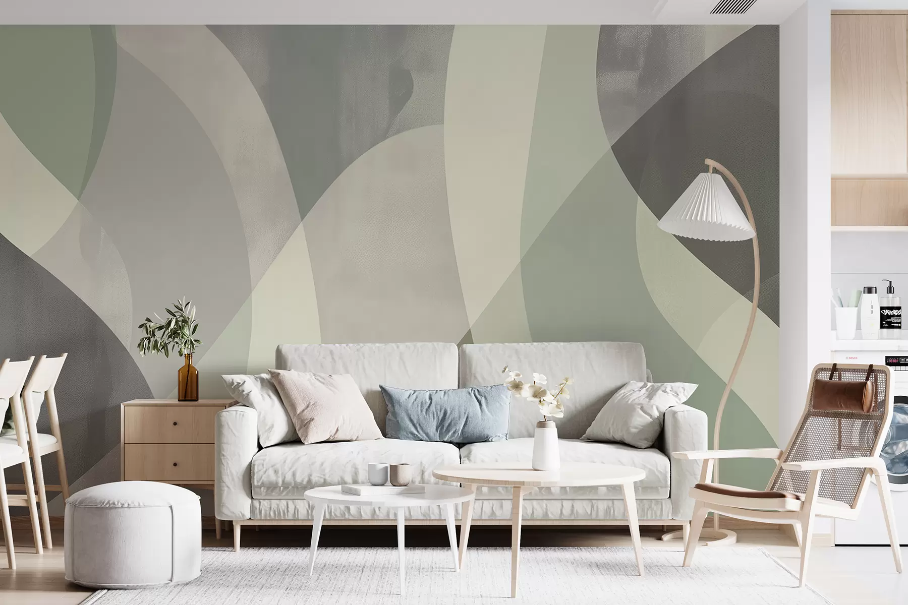 murales de pared Curvas suaves en tonos apagados con líneas fluidas y degradados verdes, minimalista y moderno. w01334