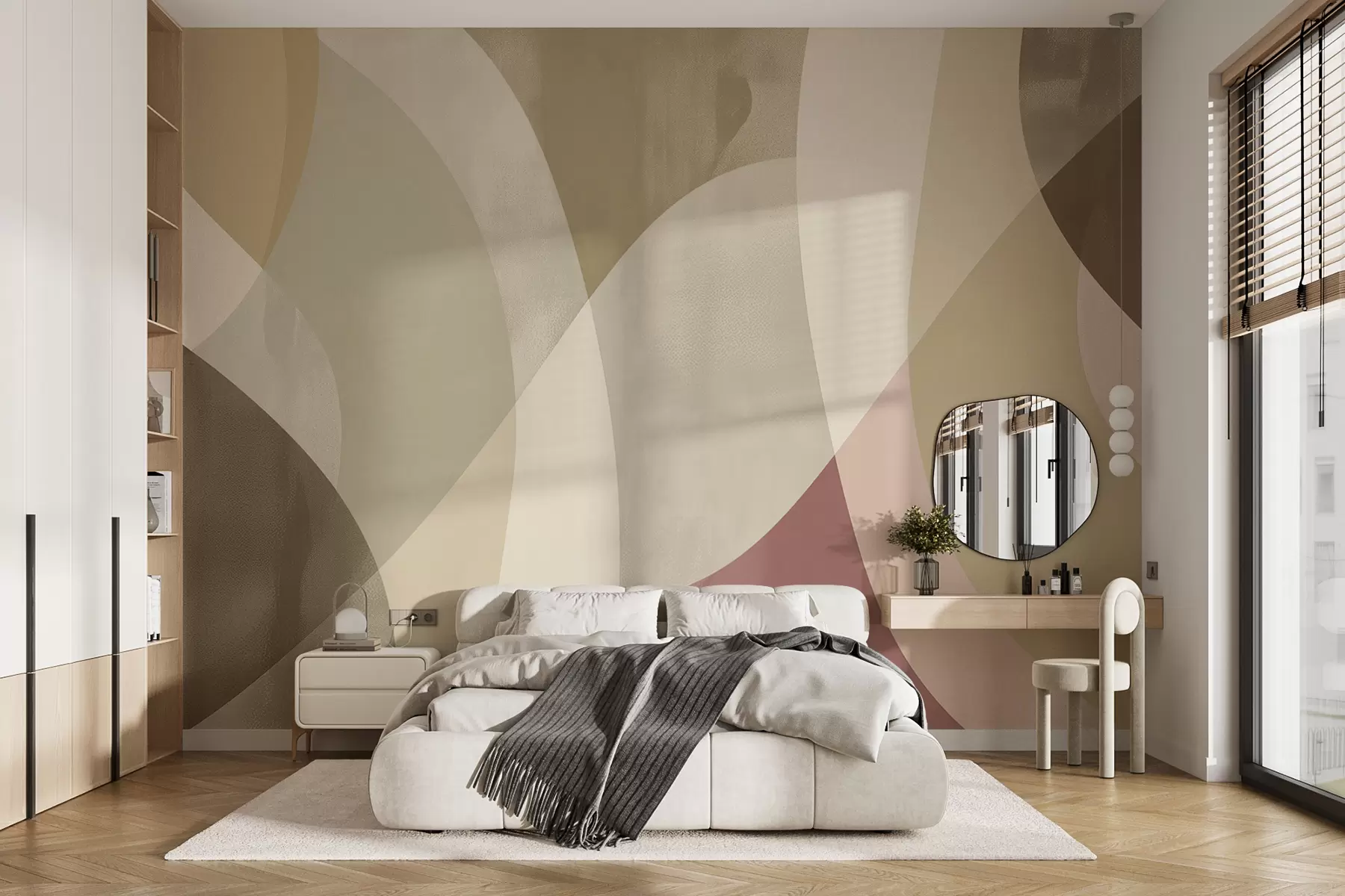 murales de pared Curvas suaves en tonos apagados con líneas fluidas y degradados beige, minimalista y moderno. w01334v1