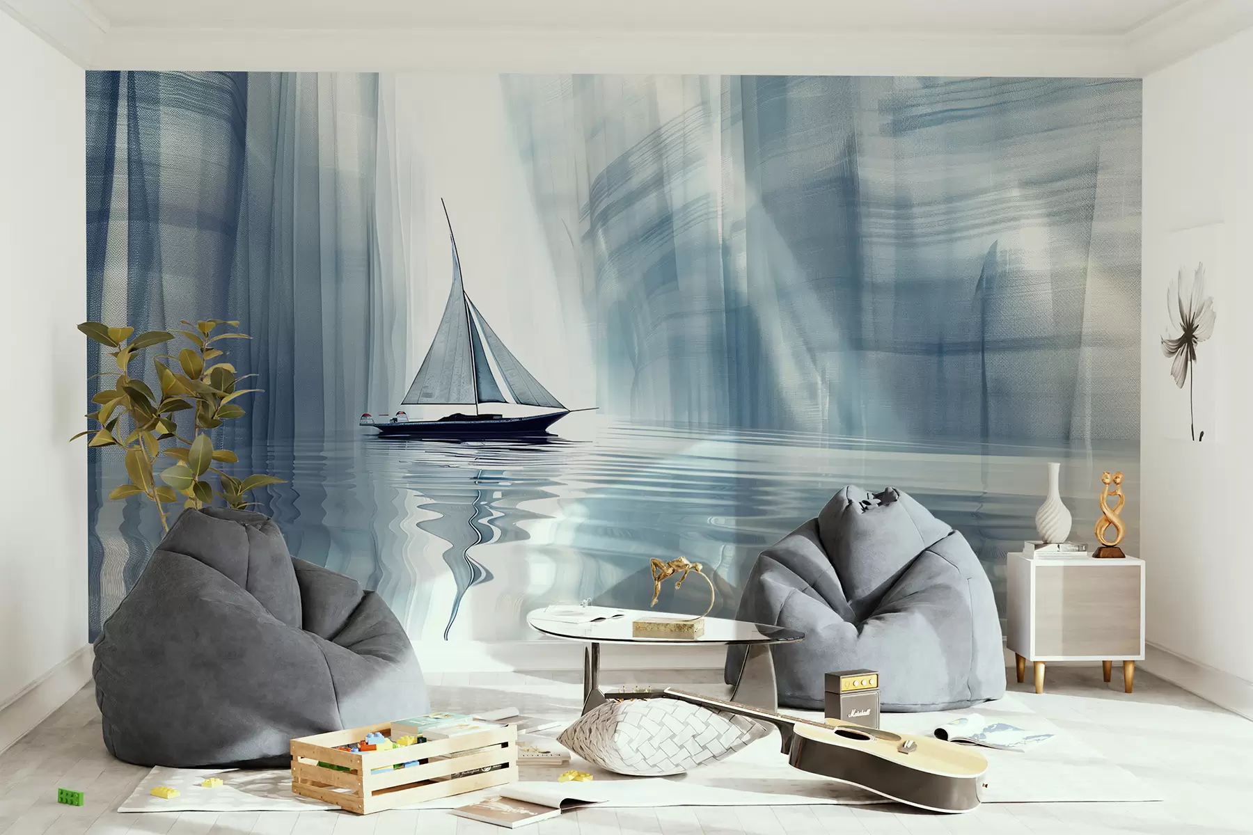 murales de pared Barco en el agua en estilo futurista con colores azules. w01338